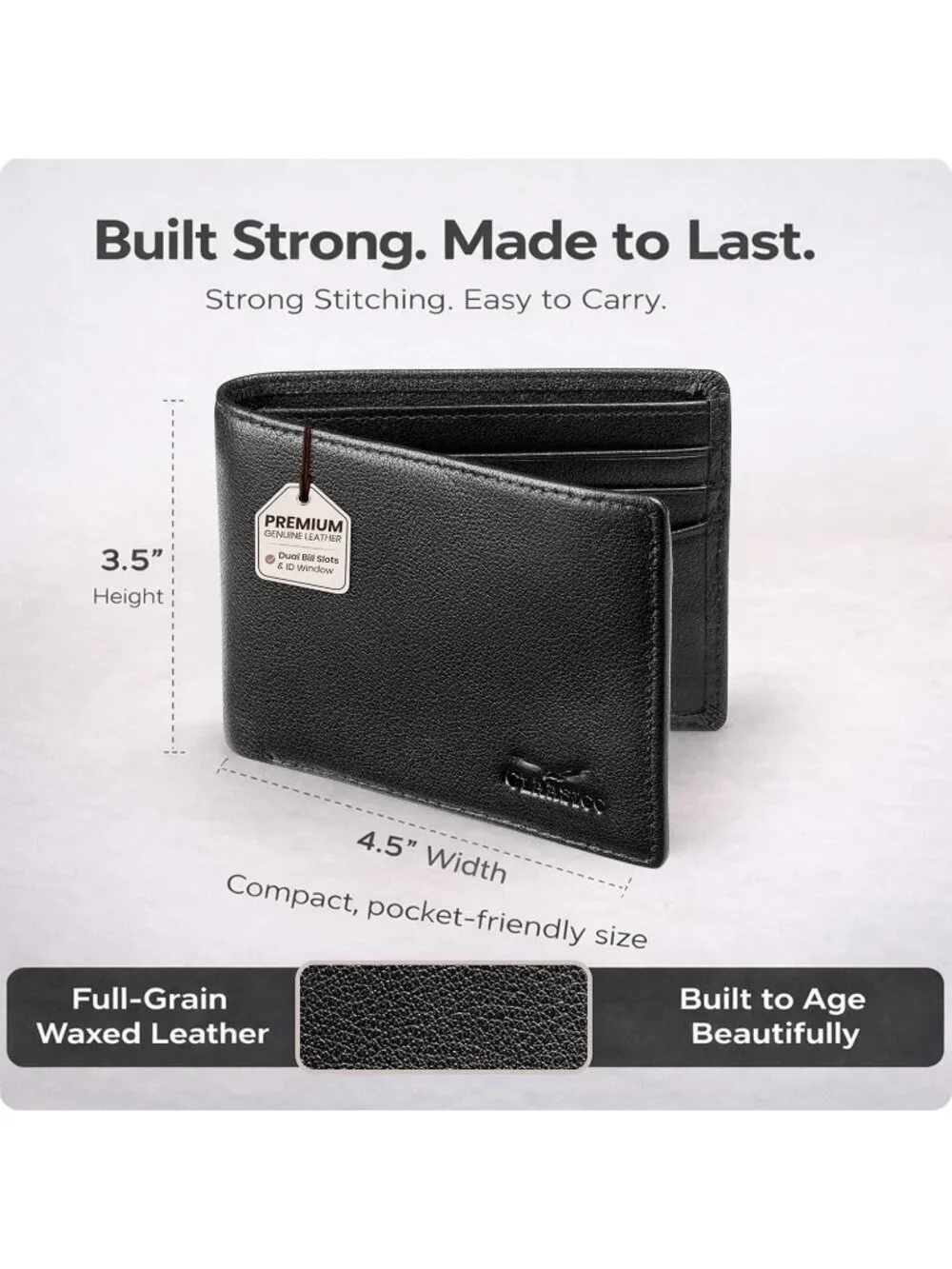 Men's Black-Tumbled Leather Bifold Wallet  9 Total Card Slots Dry Cloth Clean